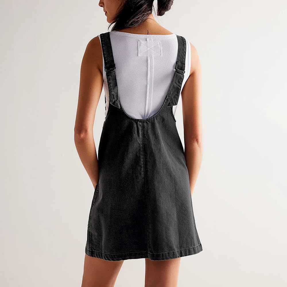 yoeasy Women's V Neck Sleeveless Denim Overall Dress Adjustable Strap Summer Mini Pinafore Jean Dress with Pockets