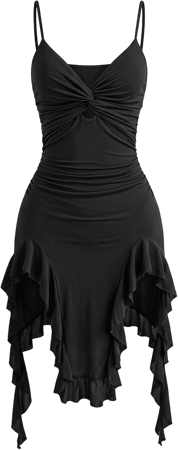 SOLY HUX Women's Ruffle Midi Dress Twist Ruched Asymmetrical Dresses