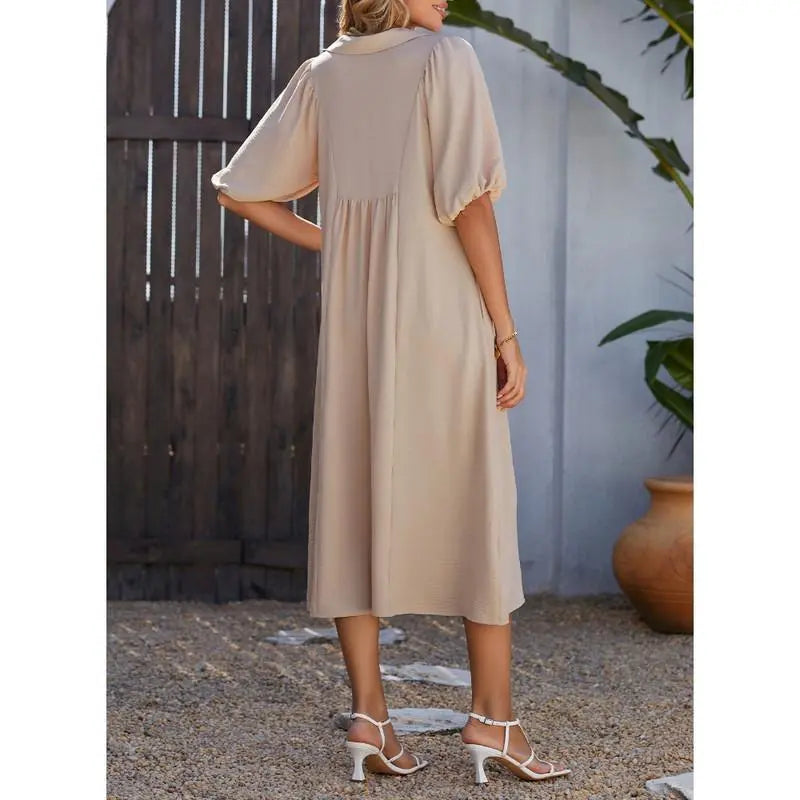 DOKOTOO Summer Dresses for Women 2026 Casual Dresses V Neck Puff Sleeve Empire Waist A-Line Maxi Dress