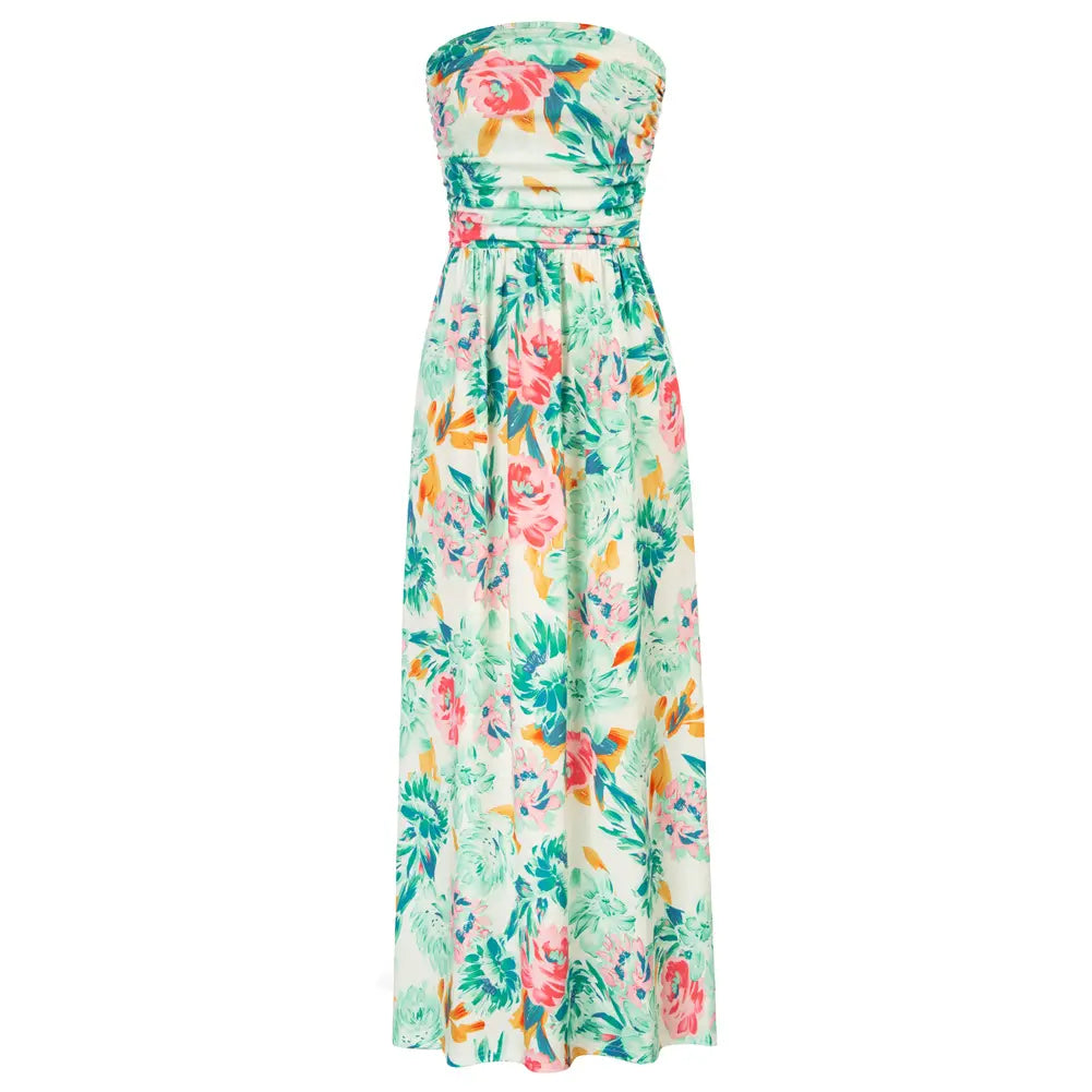 Grace Karin Women's Boho Strapless Sleeveless A-Line Wrap Maxi Dress, Ruched Floral Print Flowy Summer Beach Sundress with Pockets, Plus Size Friendly Casual Fashion Dress, Women's Casual Clothes