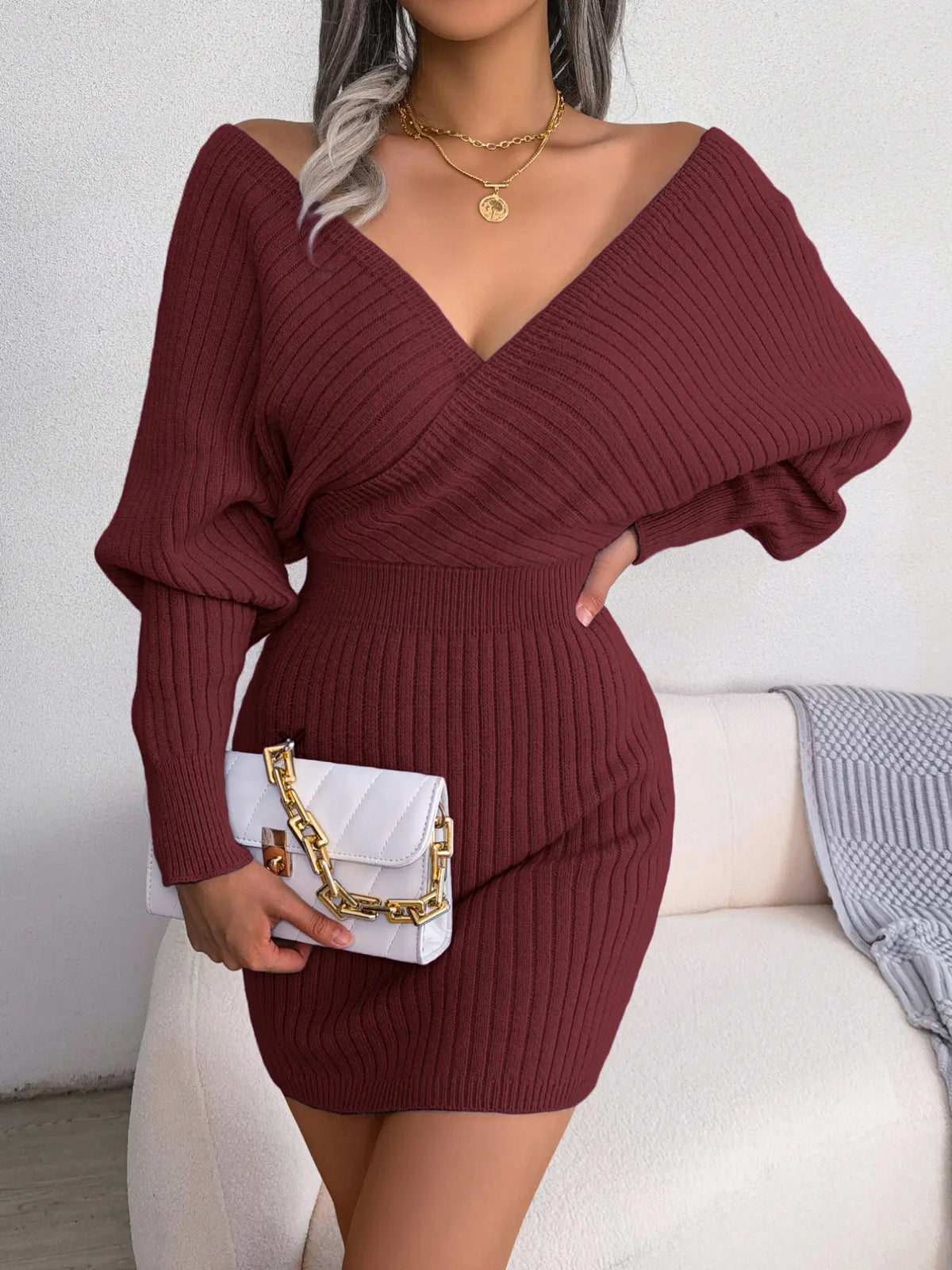 Women's Plain Solid Wrapped V Neck Leg-of-mutton Sleeve Sweater Dress, Slim-fit Long Sleeve Bodycon Jumper Dress, Womenswear