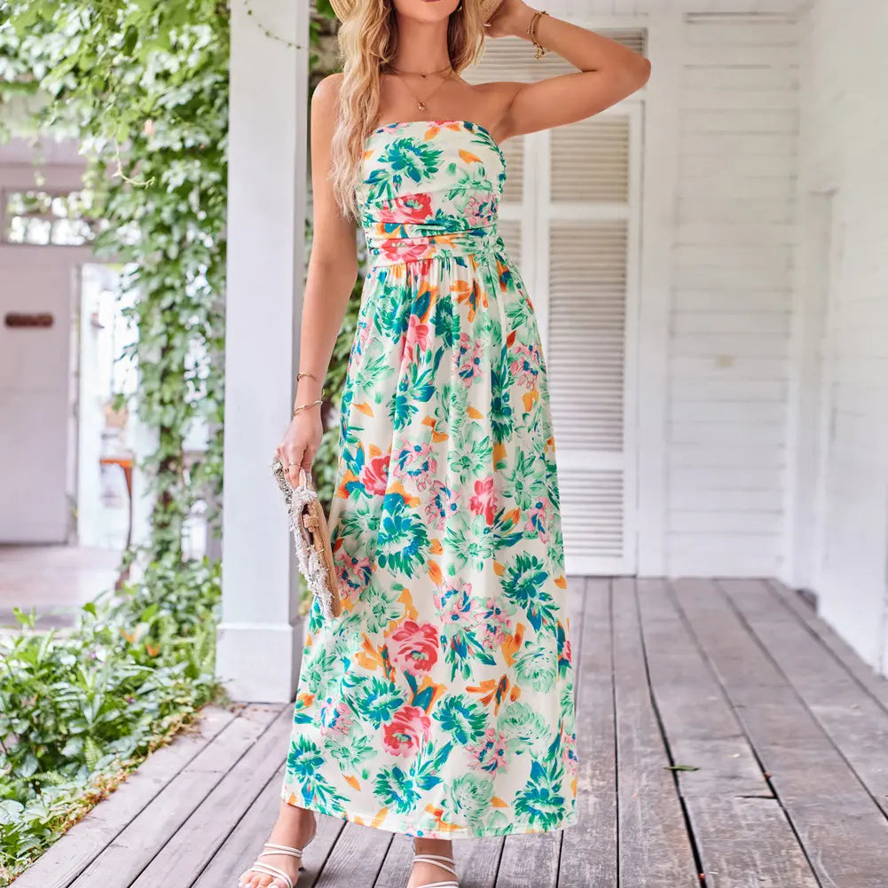 Grace Karin Women's Boho Strapless Sleeveless A-Line Wrap Maxi Dress, Ruched Floral Print Flowy Summer Beach Sundress with Pockets, Plus Size Friendly Casual Fashion Dress, Women's Casual Clothes