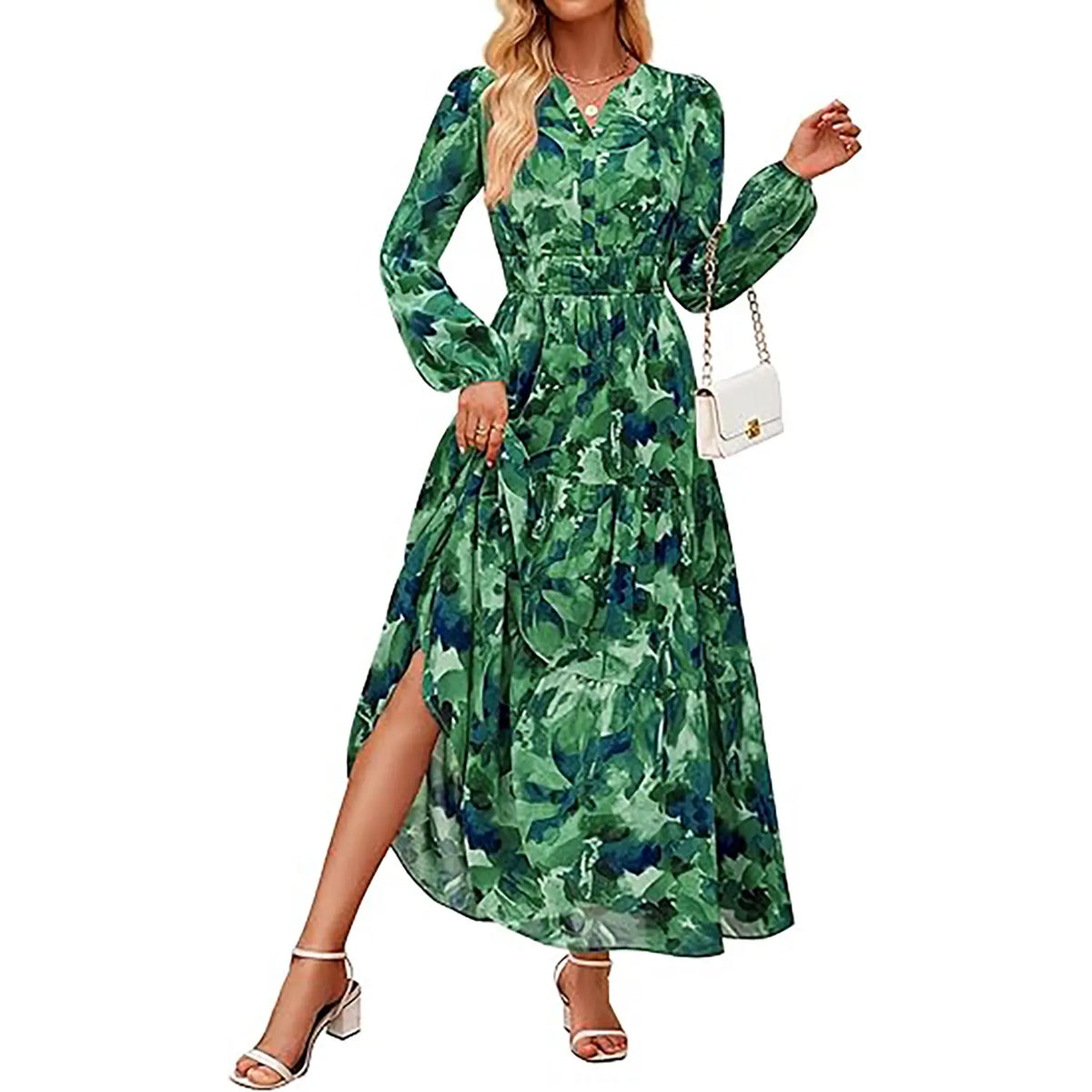 ZESICA Women's 2025 Fall Long Sleeve Maxi Dress Floral Print V Neck Empire Waist A Line Tiered Flowy Boho Party Dresses
