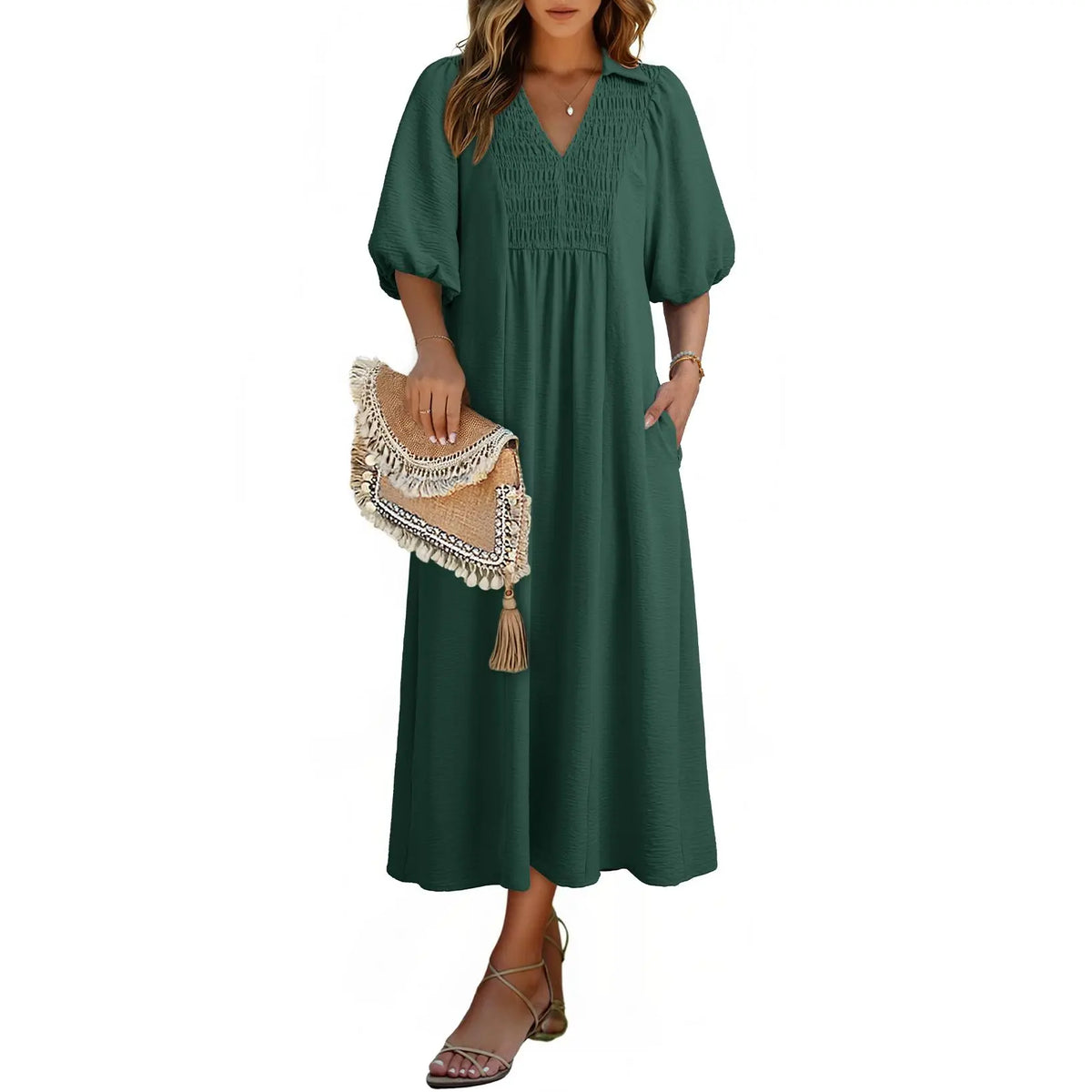 DOKOTOO Summer Dresses for Women 2026 Casual Dresses V Neck Puff Sleeve Empire Waist A-Line Maxi Dress