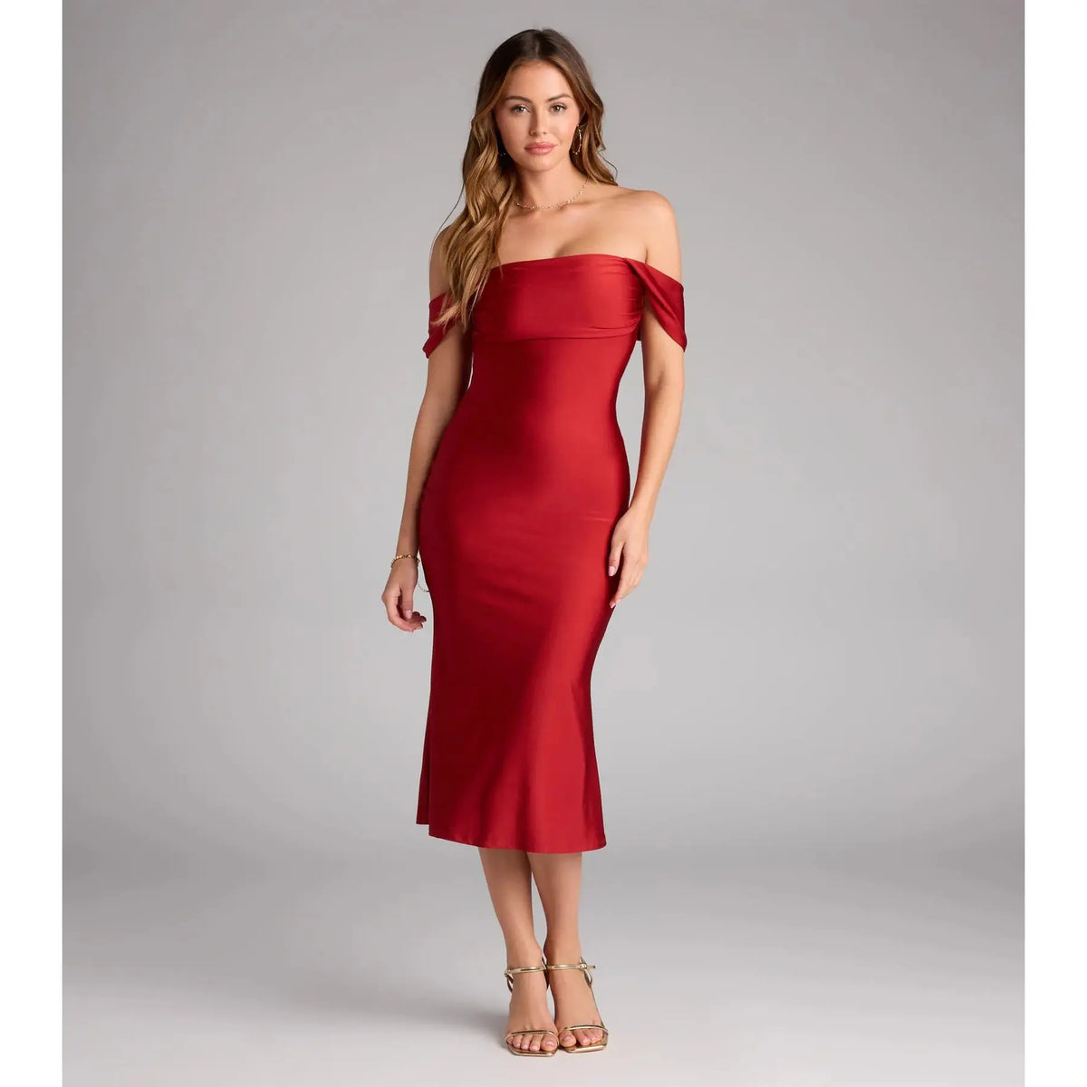 Exceptional Off-The-Shoulder Flared Midi Dress