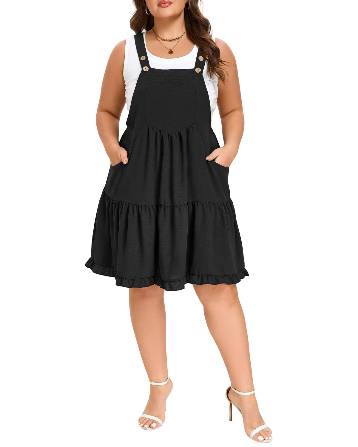 Moon Wood Plus Size Overall Dress for Women Adjustable Straps Jumper Pinafore Dress with Pockets Summer Mini Short Dress