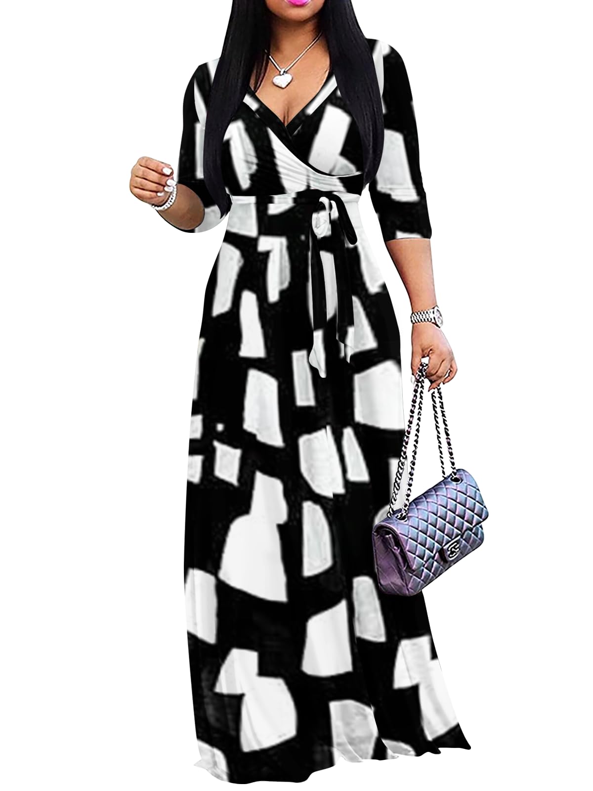 Yajedo Womens Casual Summer Maxi Dress Plus Size Sexy Wrap V Neck 3/4 Sleeve Sundress with Pockets