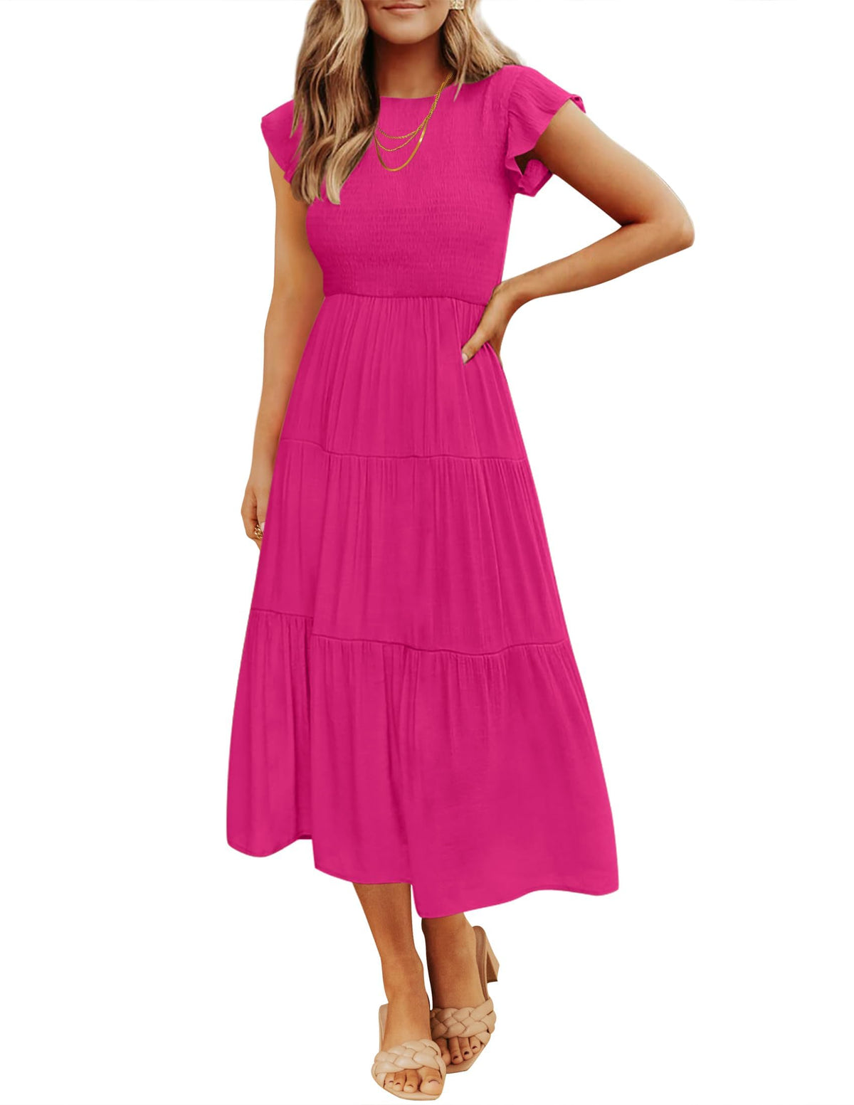 ZESICA Women's 2026 Summer Casual Flutter Short Sleeve Smocked Midi Dress