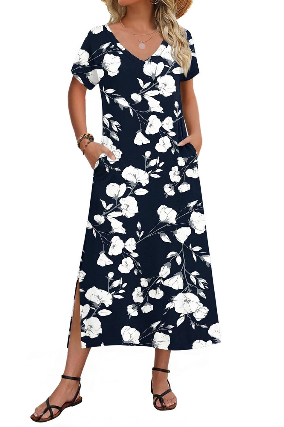 Zeagoo Women Summer Floral Dress Short Sleeve Beach Dress with Pockets Casual V-Neck Split Long T-Shirt Dress Travel Vacation