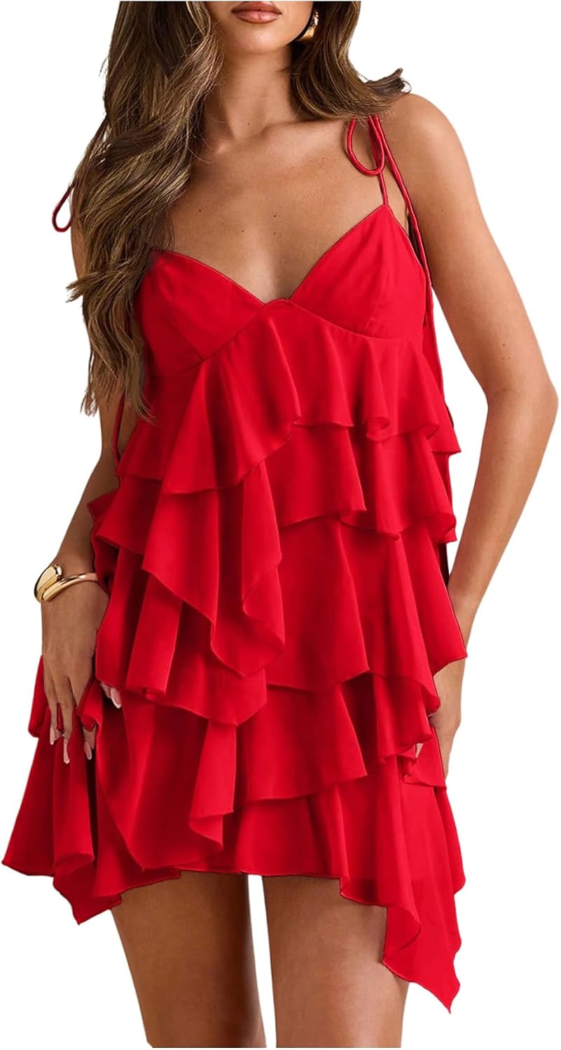 Floerns Women's Ruffle Mini Dress Tie Shoulder Sleeveless Cocktail Sundress