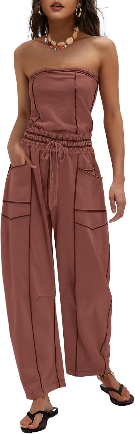 LAMISSCHE Womens Casual Strapless Jumpsuits off the Shoulder Summer Rompers Sleeveless One Piece Outfits with Pockets