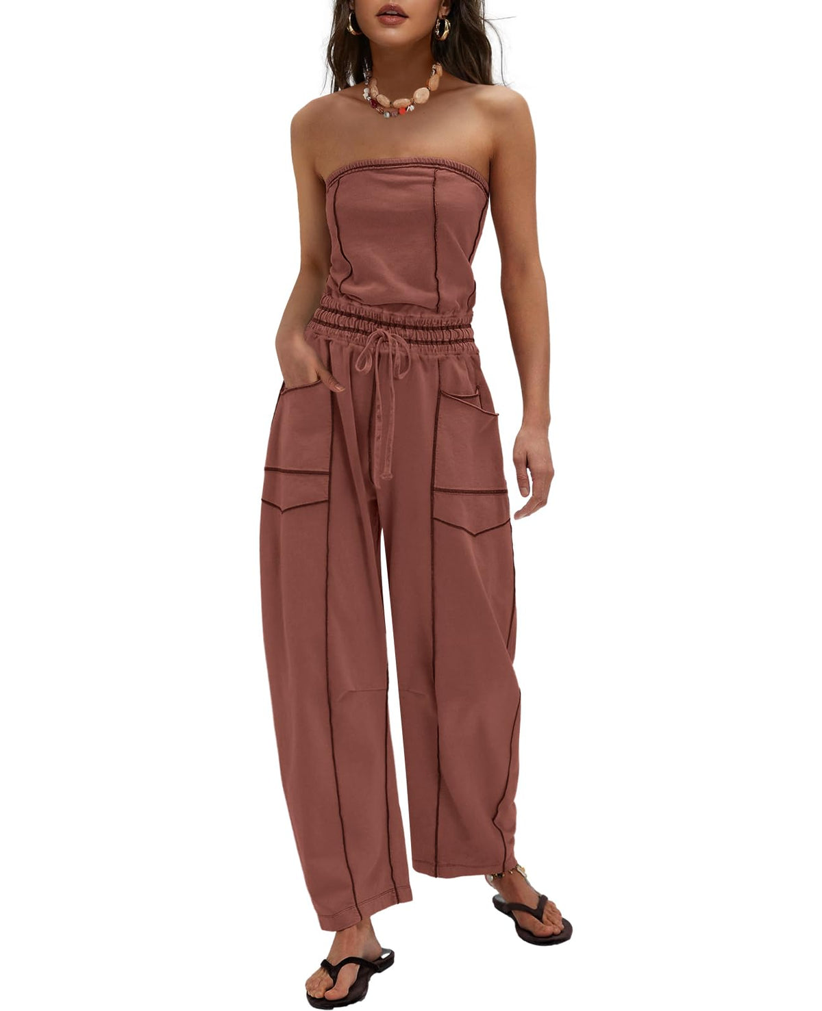 LAMISSCHE Womens Casual Strapless Jumpsuits off the Shoulder Summer Rompers Sleeveless One Piece Outfits with Pockets