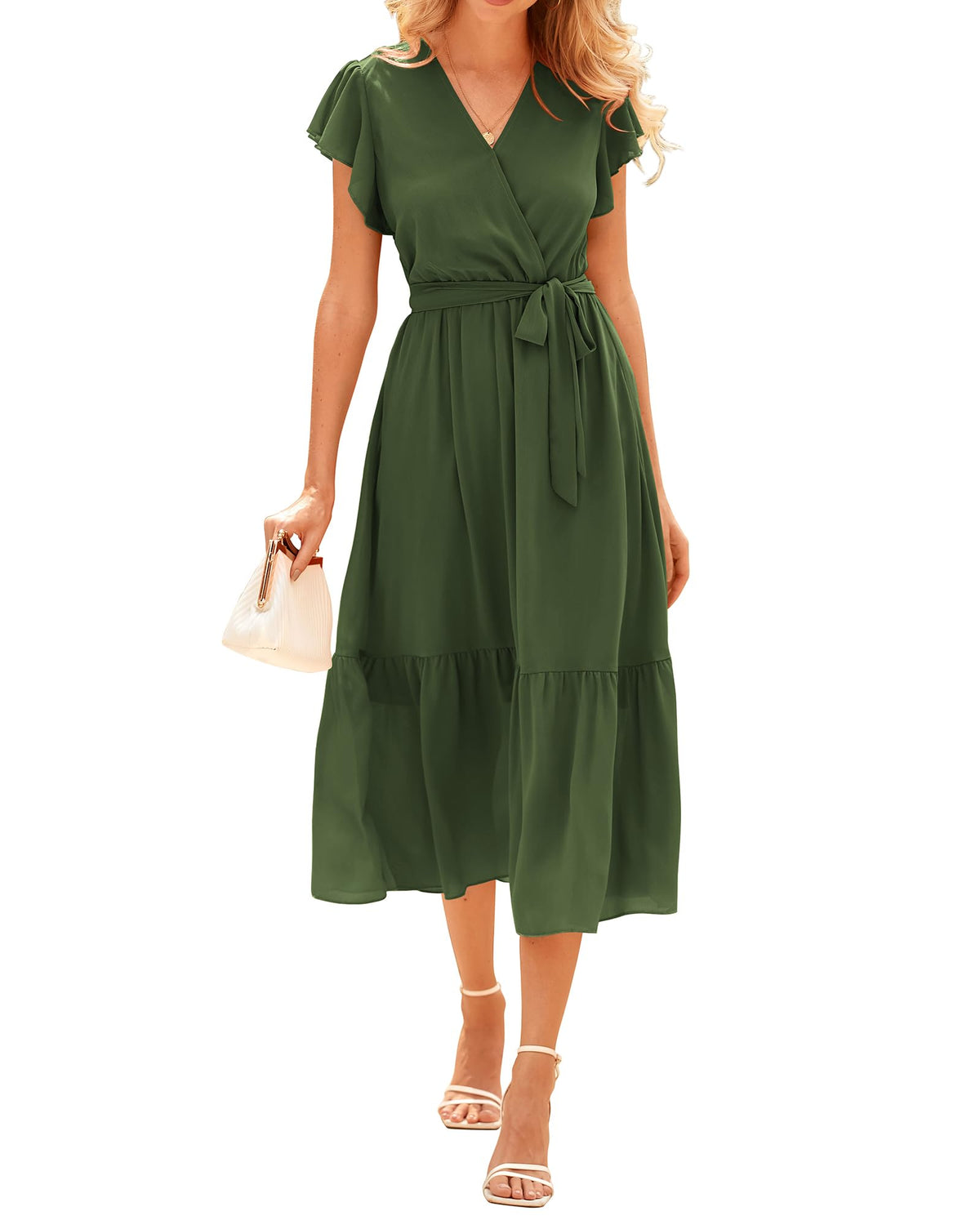 BTFBM Women Summer Casual Wrap V Neck Ruffle Cap Sleeve Belted Midi Dress