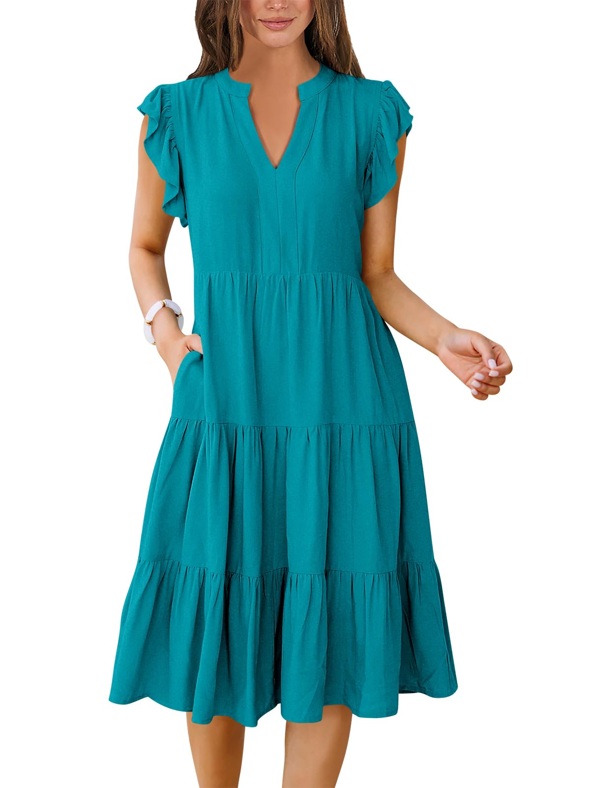 ANRABESS Womens Summer Dress Ruffle Sleeve V Neck Midi Dresses