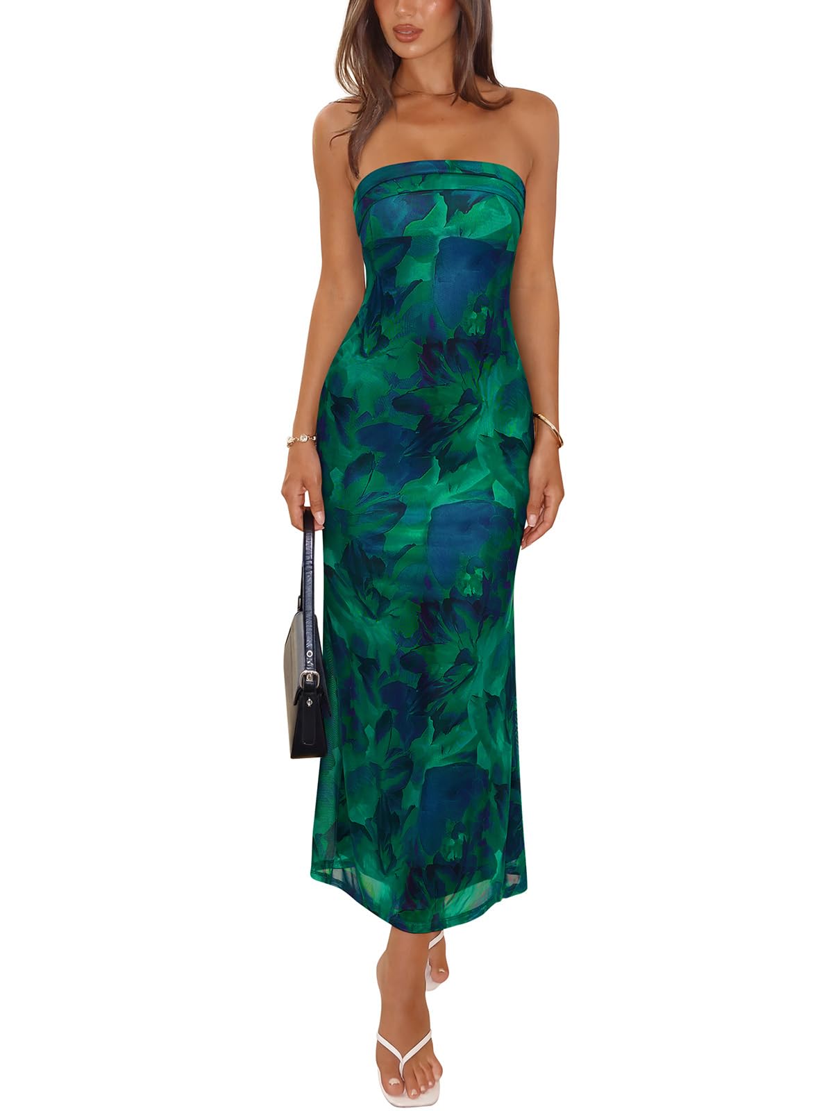 REORIA Women's 2026 Summer Floral Mesh Strapless Midi Dress Backless Beach Wedding Guest Cocktail Party Dresses