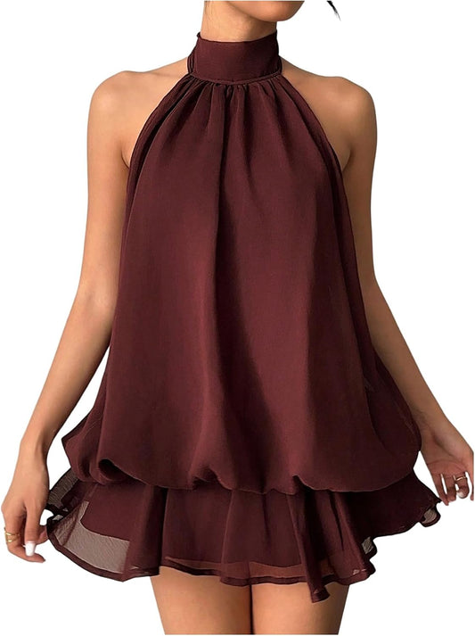 SHENHE Women's Chiffon Halter Mini Dress Wedding Guest Birthday Party Dress