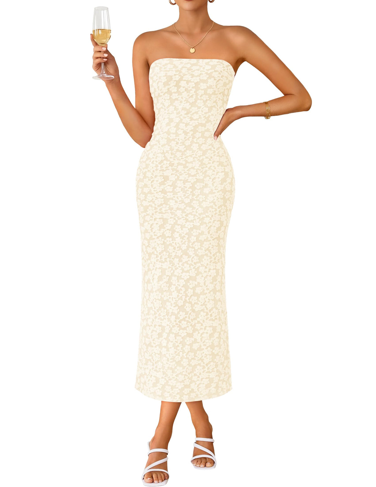 ZESICA Women's Floral Strapless Bodycon Weeding Guest Dress