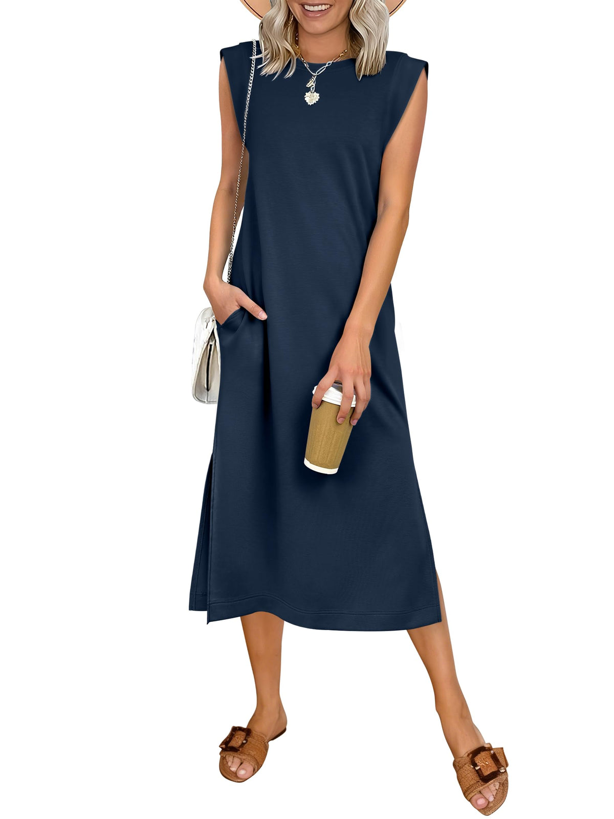ANRABESS Womens Summer Casual Midi Dress Sleeveless Crewneck Loose Split Wrinkle-Free Beach Travel Vacation Long Sundress