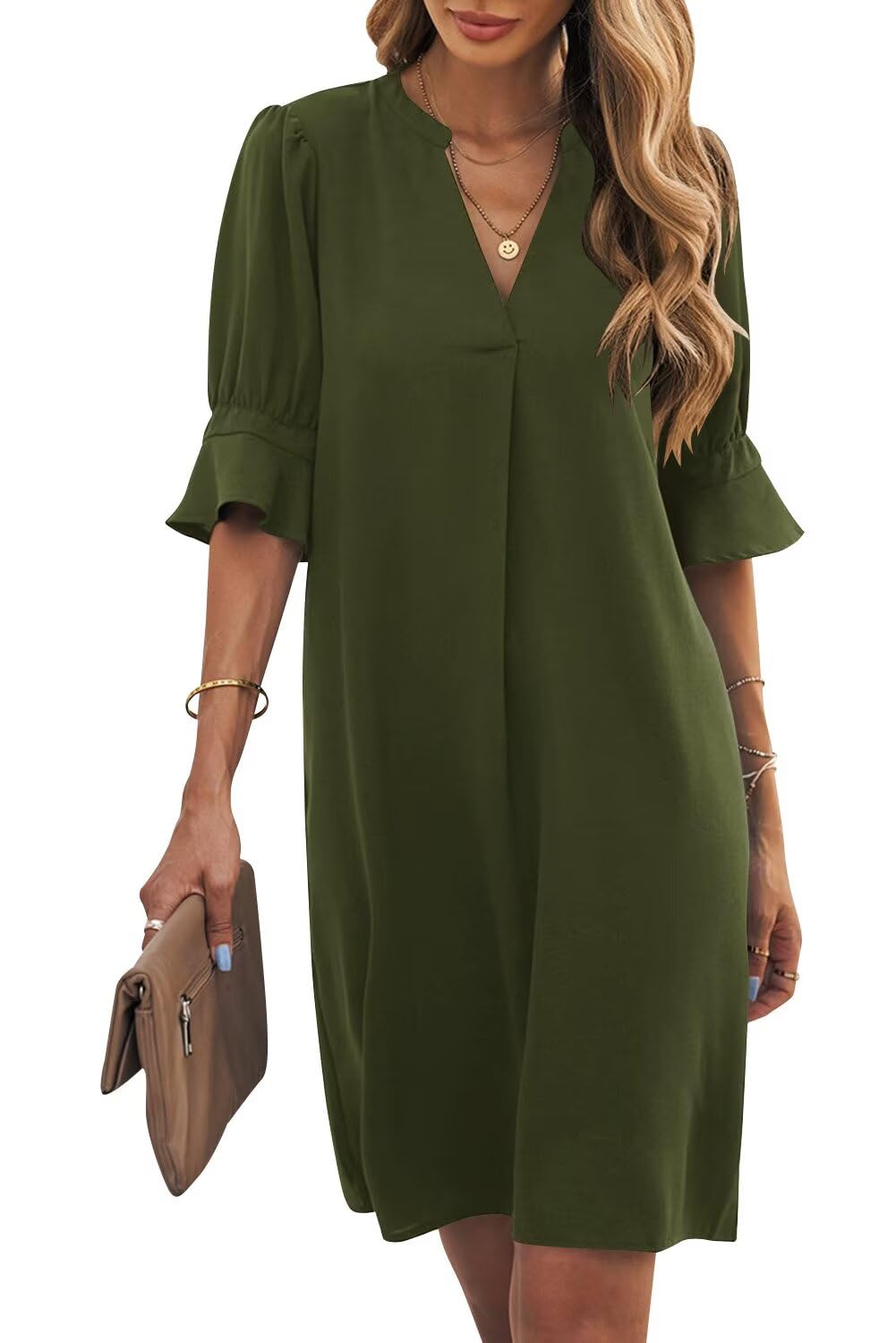 Wkior Womens Summer Ruffle Short Sleeve V Neck Shift Dress