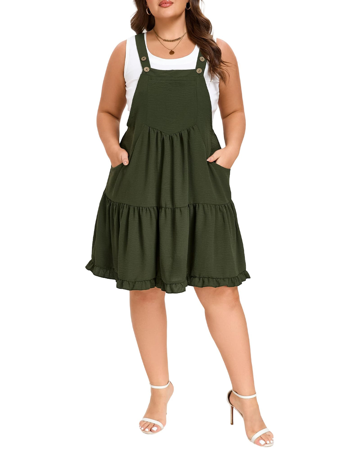 Moon Wood Plus Size Overall Dress for Women Adjustable Straps Jumper Pinafore Dress with Pockets Summer Mini Short Dress
