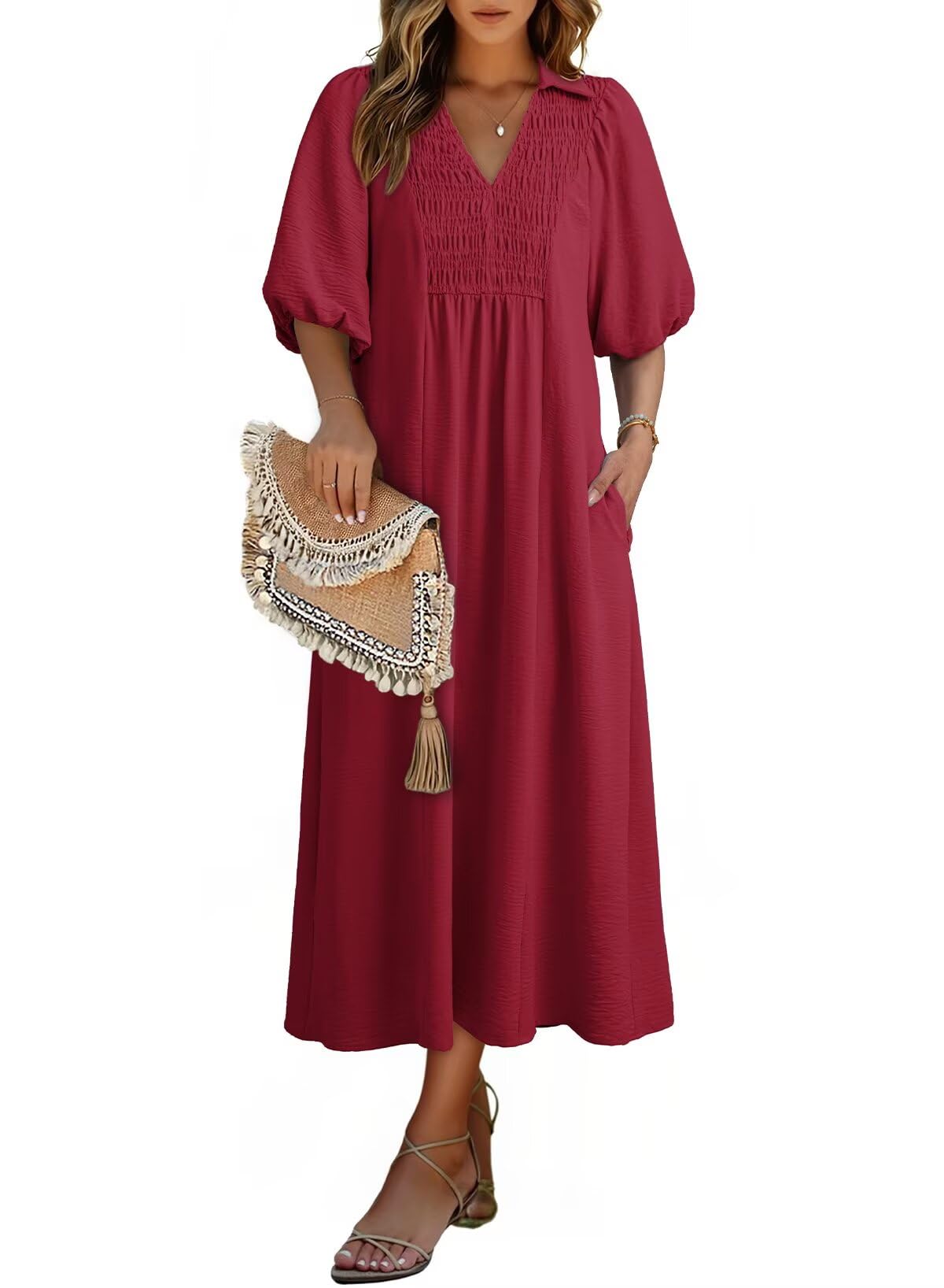 Dokotoo Summer Dresses for Women 2026 Casual Dresses V Neck Puff Sleeve Empire Waist A-Line Maxi Dress