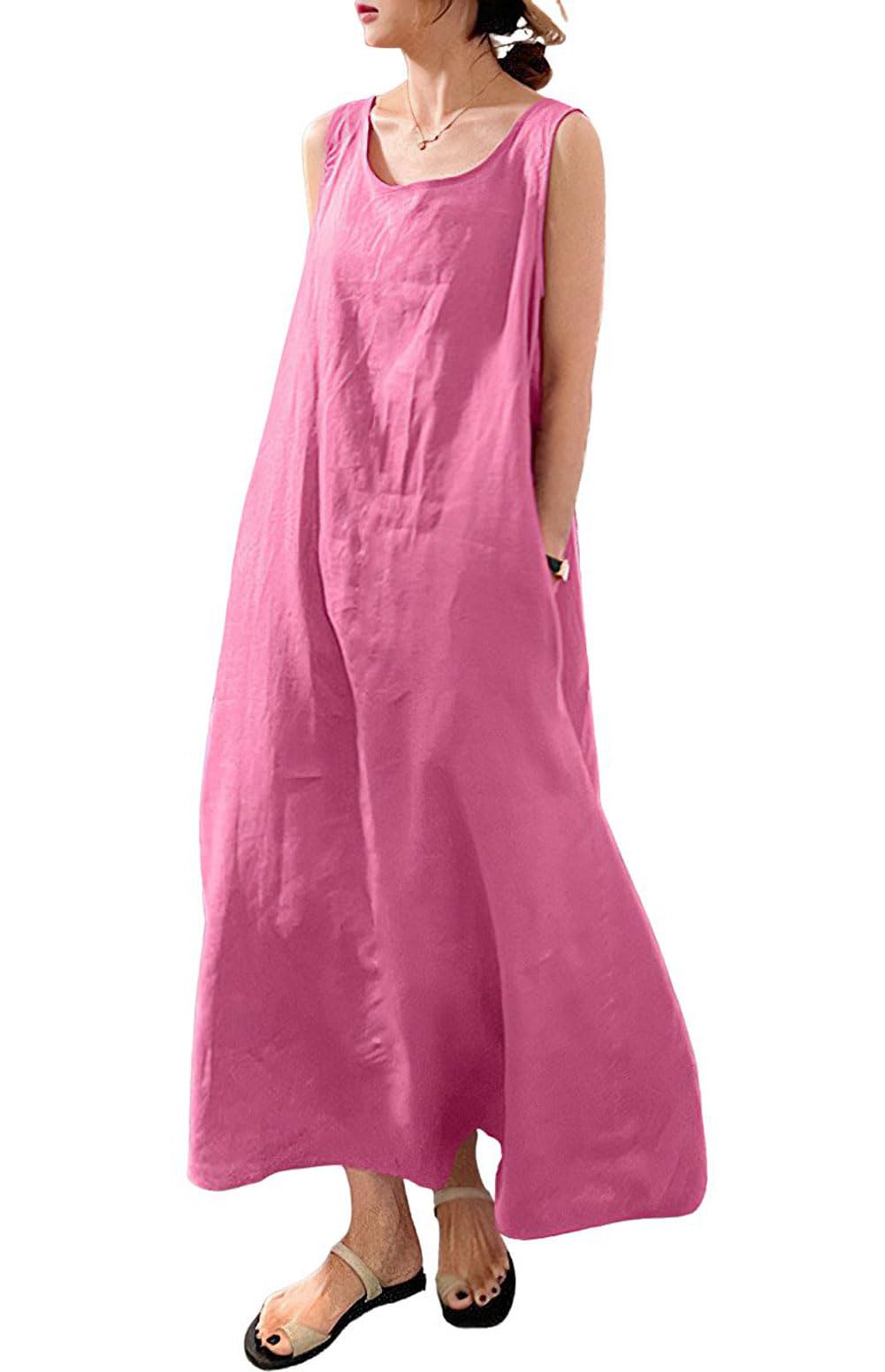 chouyatou Women's Summer Casual Sleeveless Cotton Sun Dress Maxi Tunic Tank Beach Dress with Pocket