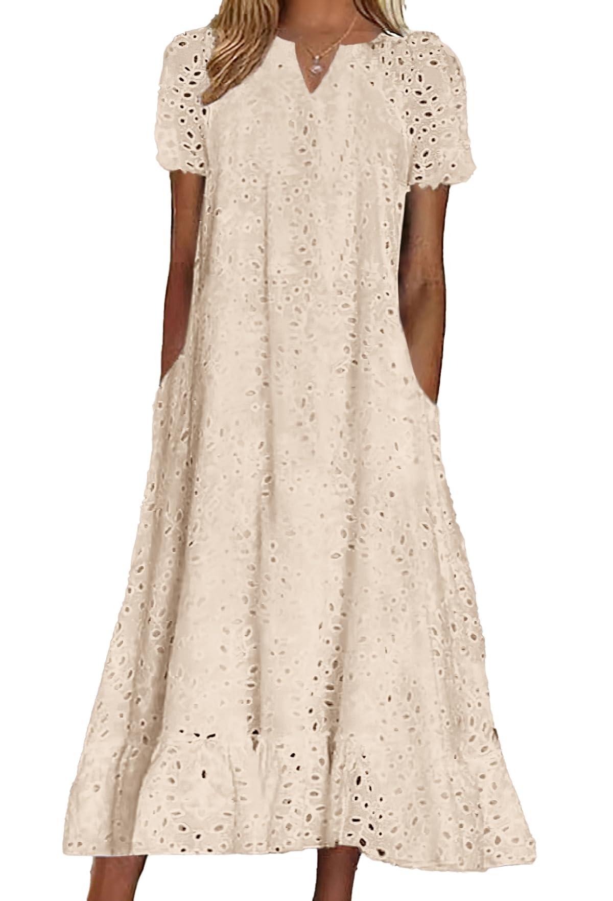 chouyatou Women Summer Ruffle Hem Floral Lace Eyelet Dress Casual Notch Neck Midi Tunic Dress with Pocket