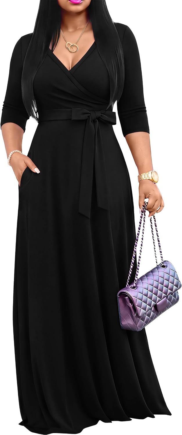 FANDEE Women's 2026 Maxi Dress - Solid Color Bohemian Summer Long Maxi Dress V-Neck 3/4 Sleeve