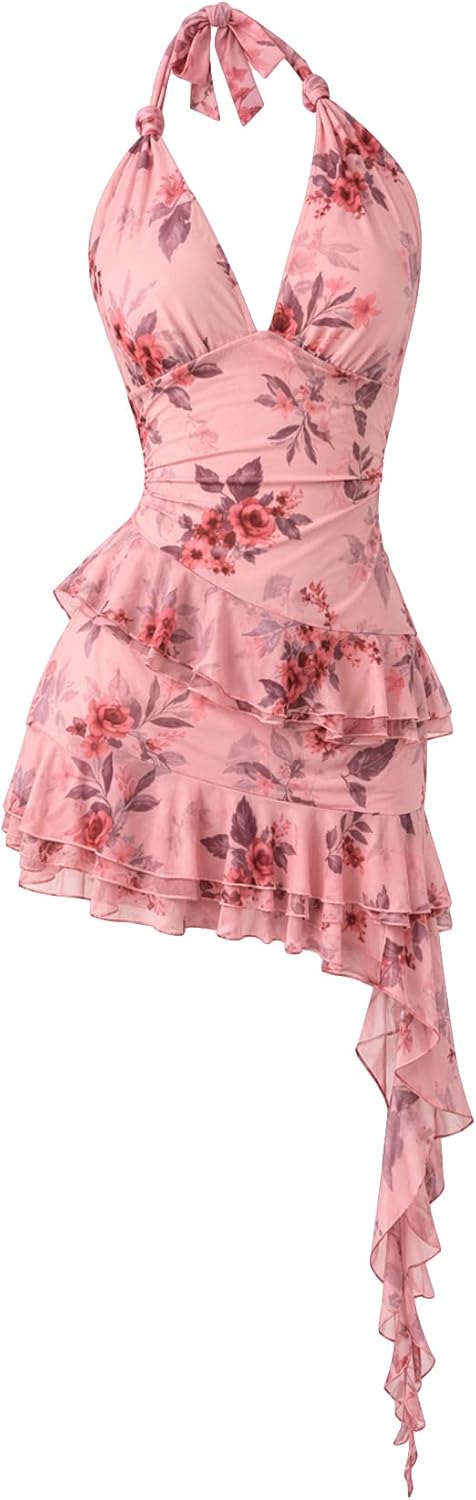 Verdusa Women's Halter Y2k Mini Dress Asymmetrical Wedding Guest Dress