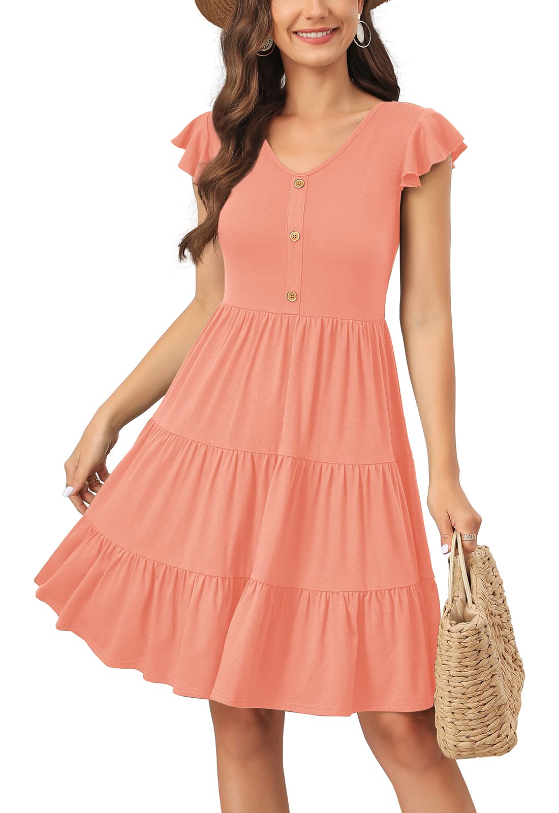 Lamilus Summer Dresses for Women 2026 Ruffle Sleeve V Neck Non-See Through Tiered Babydoll Mini Dress Graduation Beach