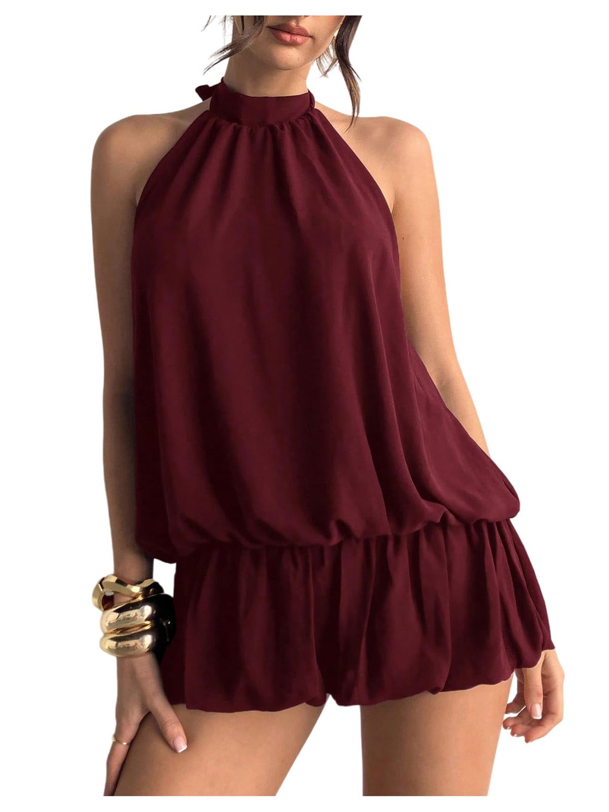 Floerns Women Backless Sleeveless Ruffle Bubble Hem Mesh Halter Mini Dress