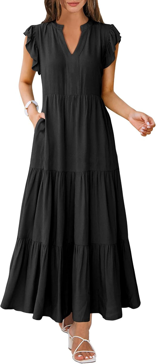 ANRABESS Womens Summer Dress Ruffle Sleeve V Neck Vacation Maxi Dresses