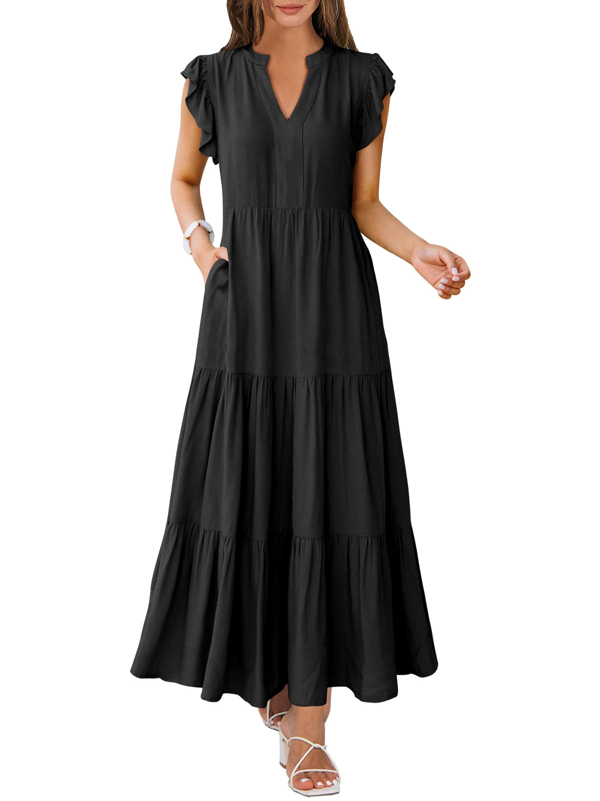 ANRABESS Womens Summer Dress Ruffle Sleeve V Neck Vacation Maxi Dresses