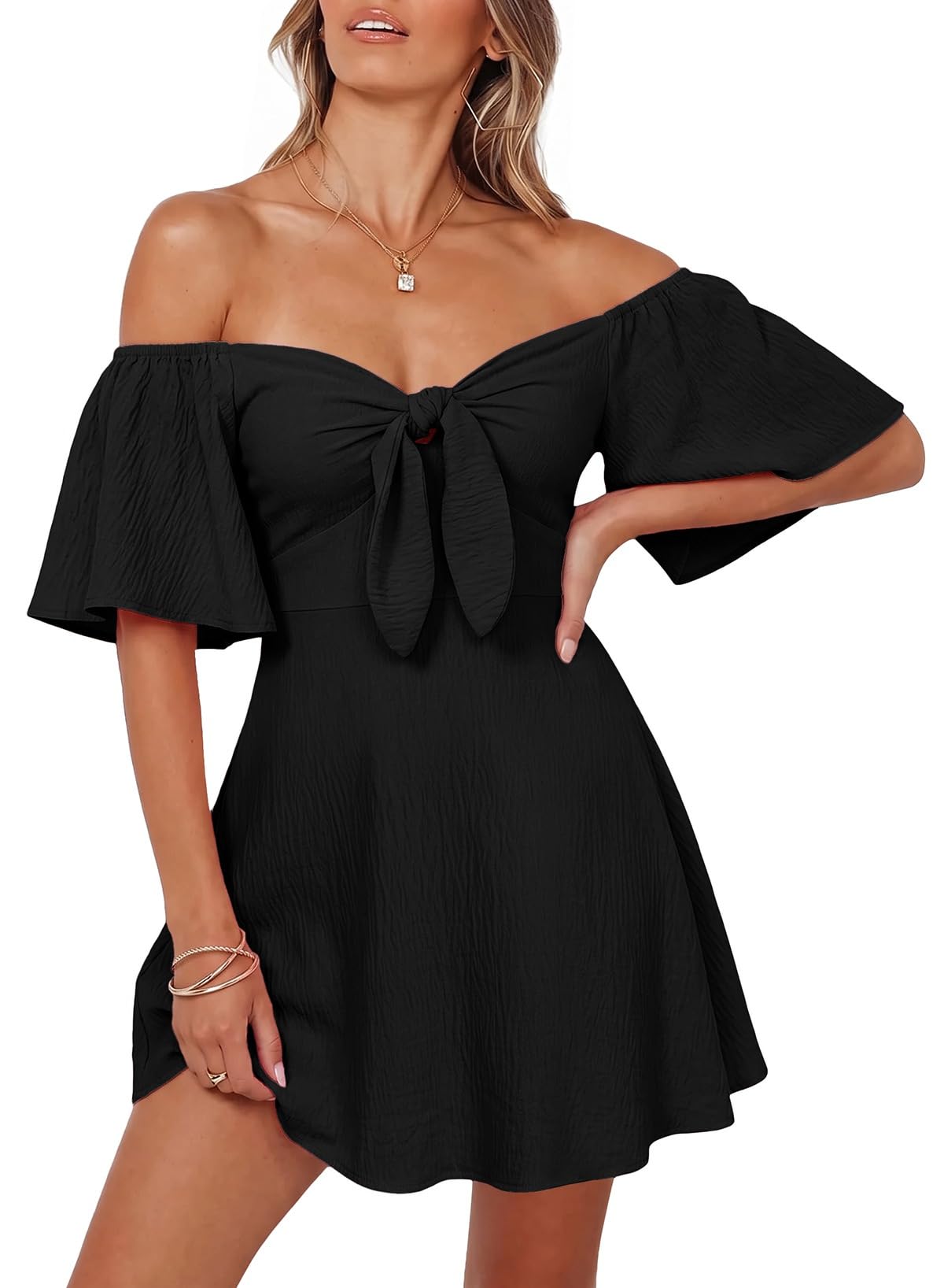 Dokotoo Womens Dresses 2026 Deep V Neck Elegant Bow tie Mini Dress S-XL