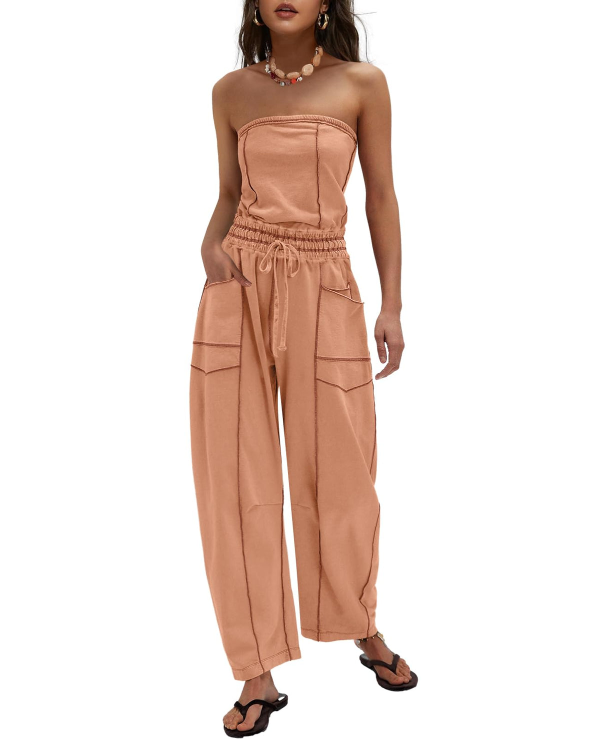 LAMISSCHE Womens Casual Strapless Jumpsuits off the Shoulder Summer Rompers Sleeveless One Piece Outfits with Pockets