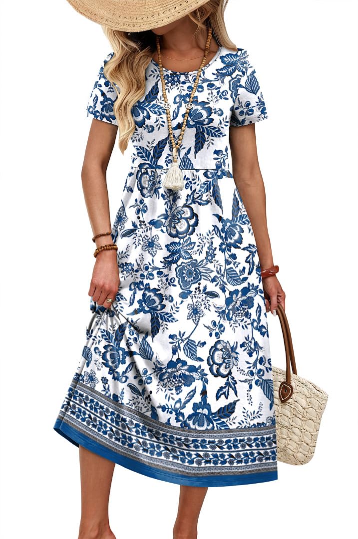 OFEEFAN Spring Summer Dresses for Women 2026 Crewneck Short Sleeve Flowy Casual Midi Beach Sundress with Pockets