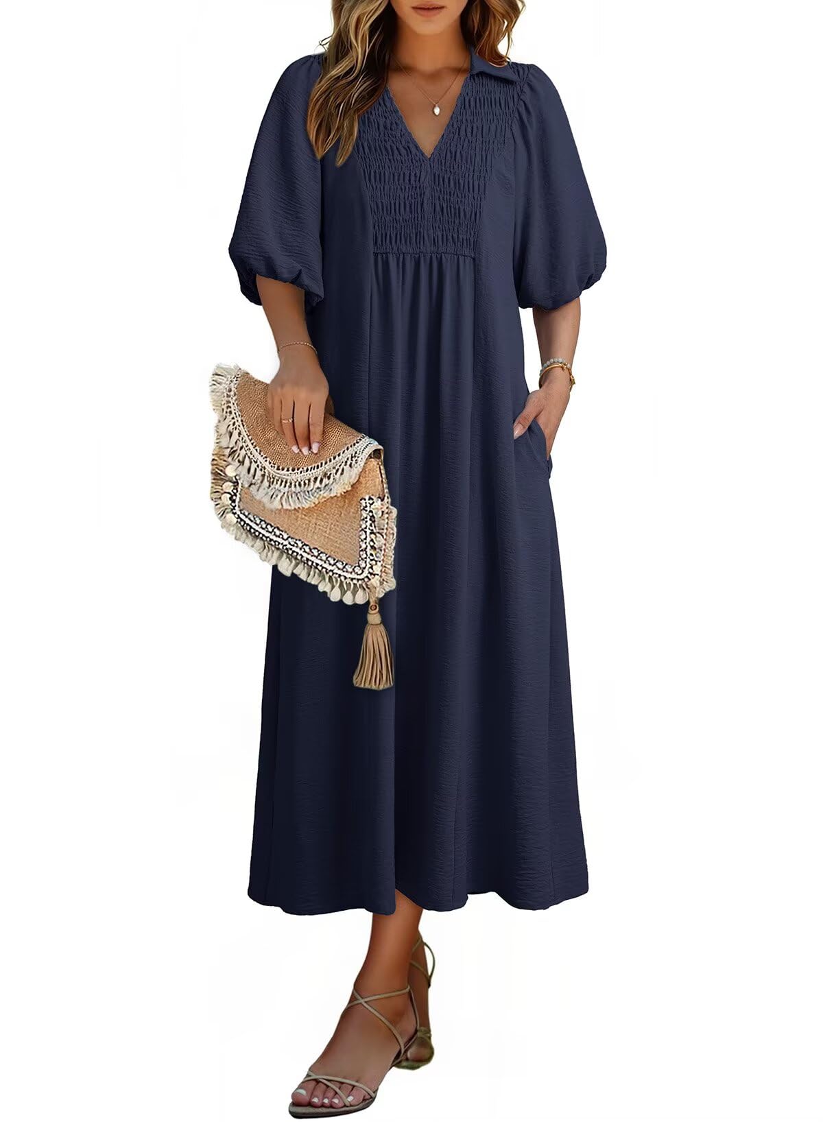 Dokotoo Summer Dresses for Women 2026 Casual Dresses V Neck Puff Sleeve Empire Waist A-Line Maxi Dress