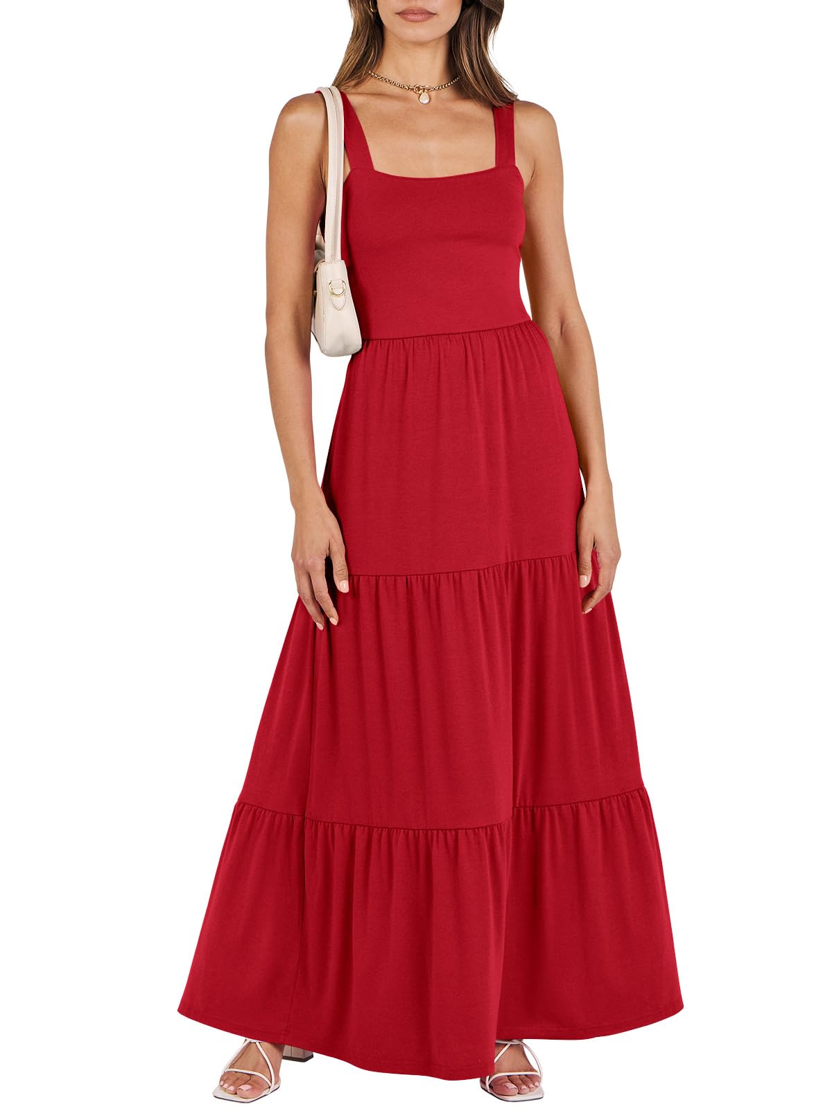 ANRABESS Women's Summer Flowy Maxi Dress Square Neck Sundress with Pockets
