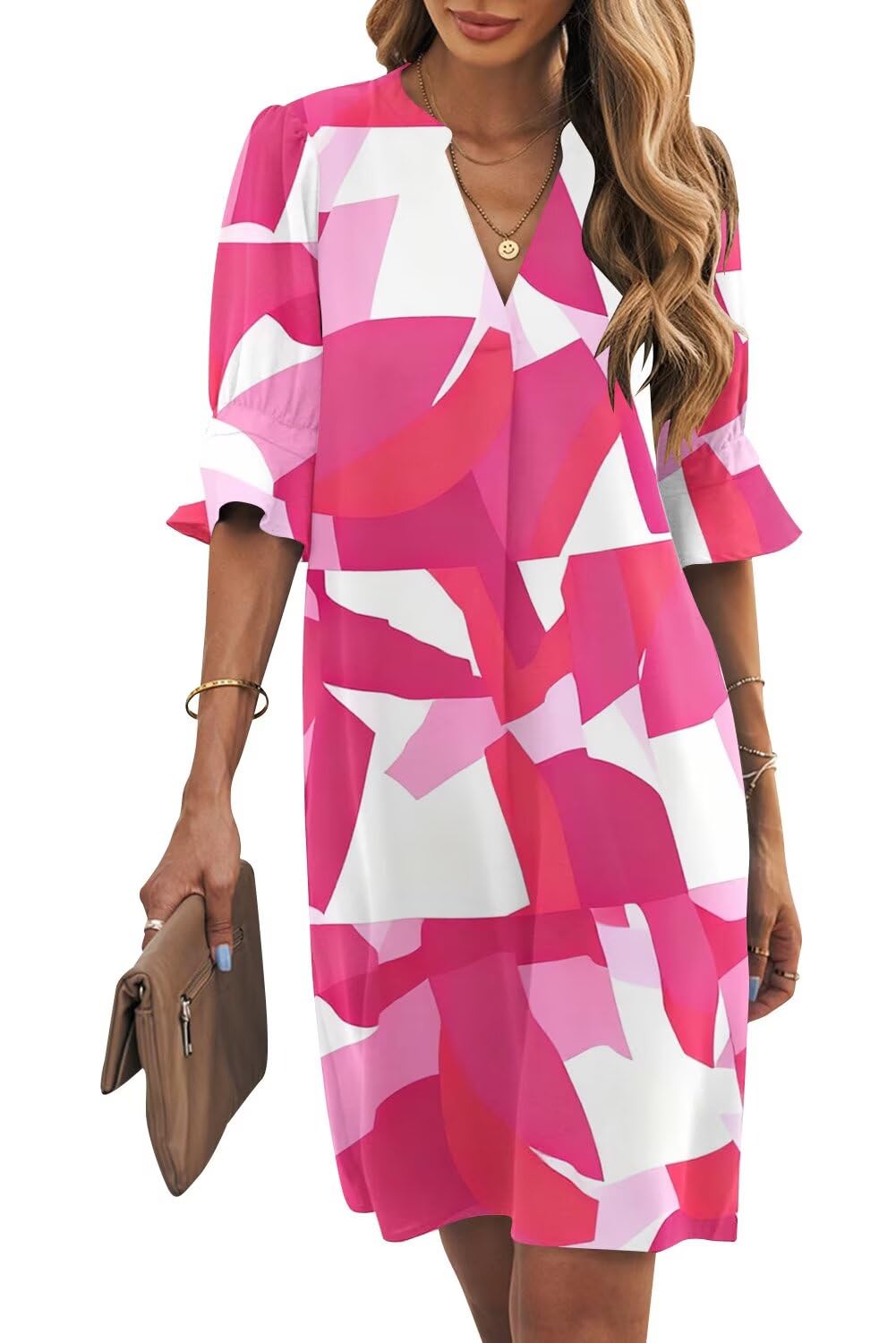 Wkior Womens Summer Ruffle Short Sleeve V Neck Shift Dress
