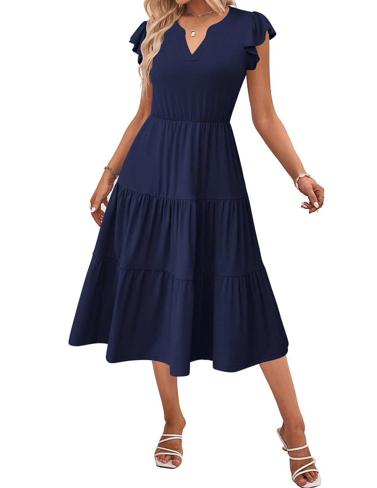 ZEAGOO Womens Summer Casual Dresses Ruffle Sleeve V Neck Midi Dress Flowy Tiered Dress with Pockets Boho Sundresses