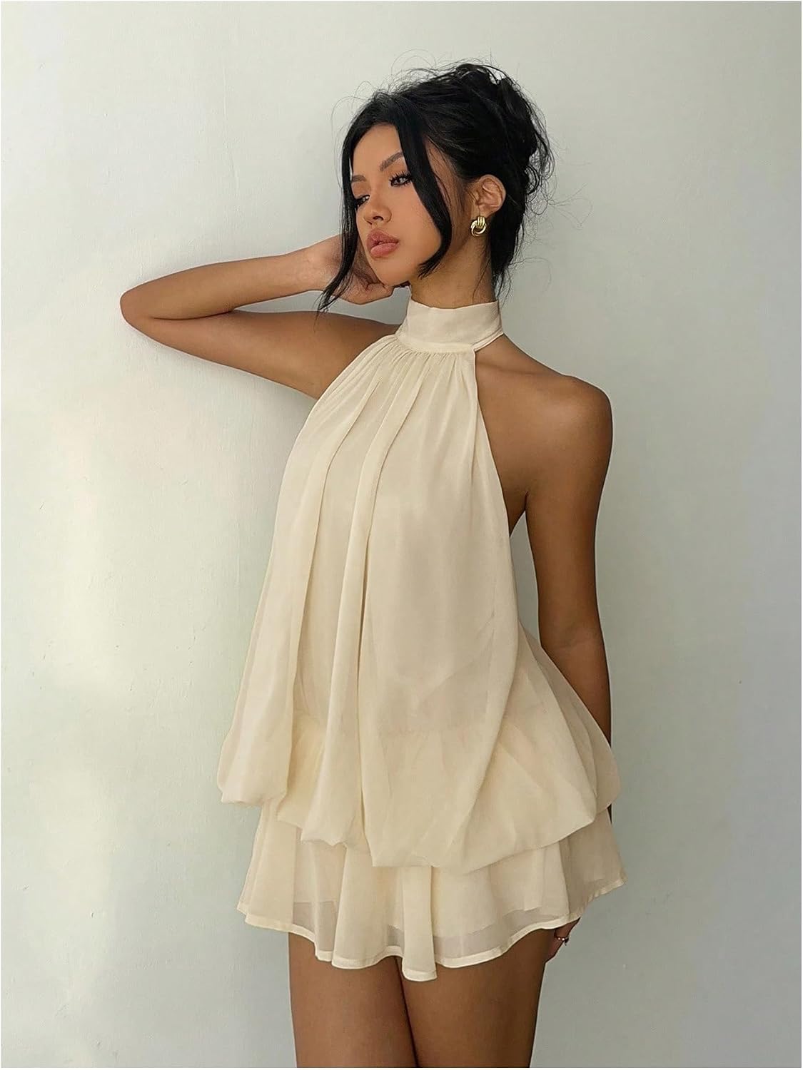 Verdusa Women's Chiffon Halter Drop Waist Flowy Wedding Guest Mini Dresses