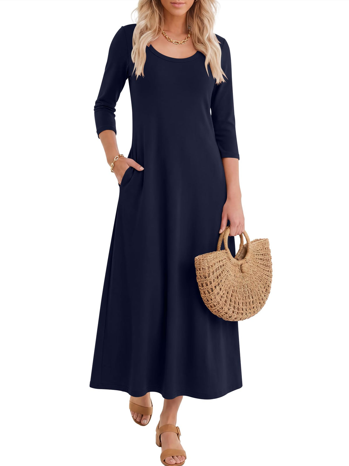ANRABESS Womens 3/4 Sleeve Scoop Neck Casual Maxi Dress