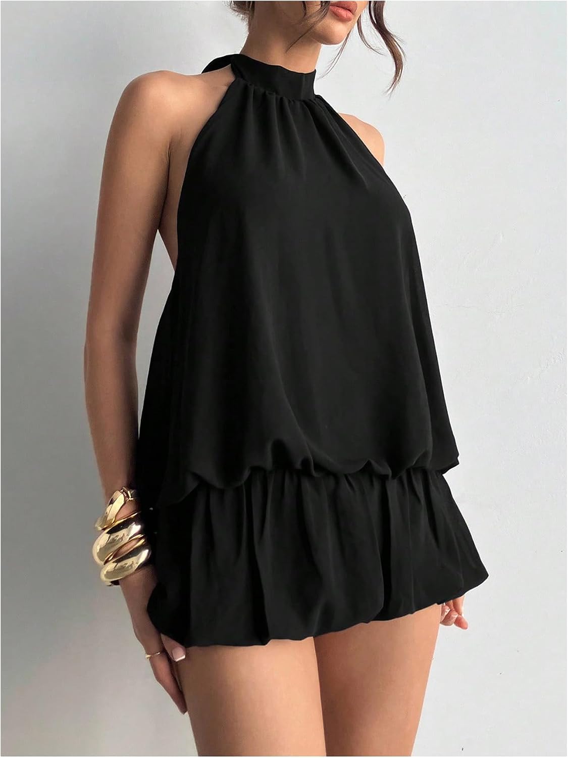 Floerns Women Backless Sleeveless Ruffle Bubble Hem Mesh Halter Mini Dress