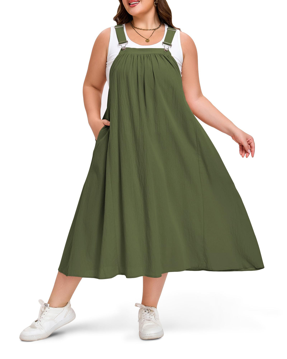Moon Wood Plus Size Cotton Overall Dress for Women Casual Maxi Dress Adjustable Strap Jumper Dress with Pockets