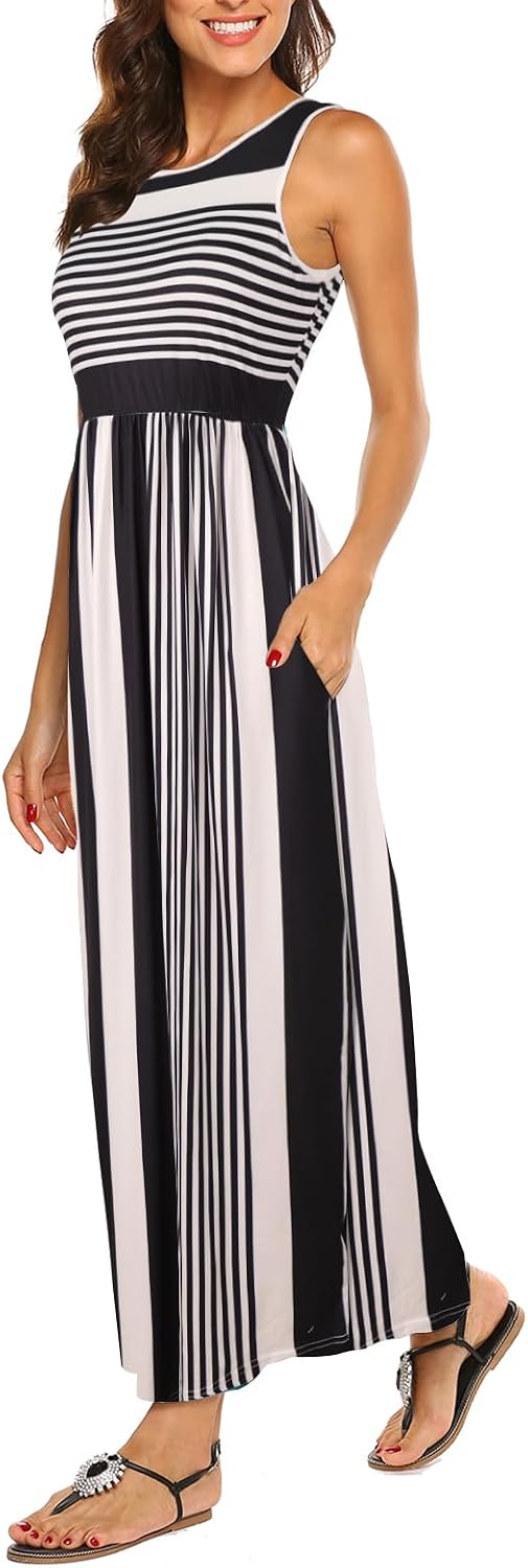 Hount Women's Summer Sleeveless Striped Flowy Casual Long Maxi Dress with Pockets