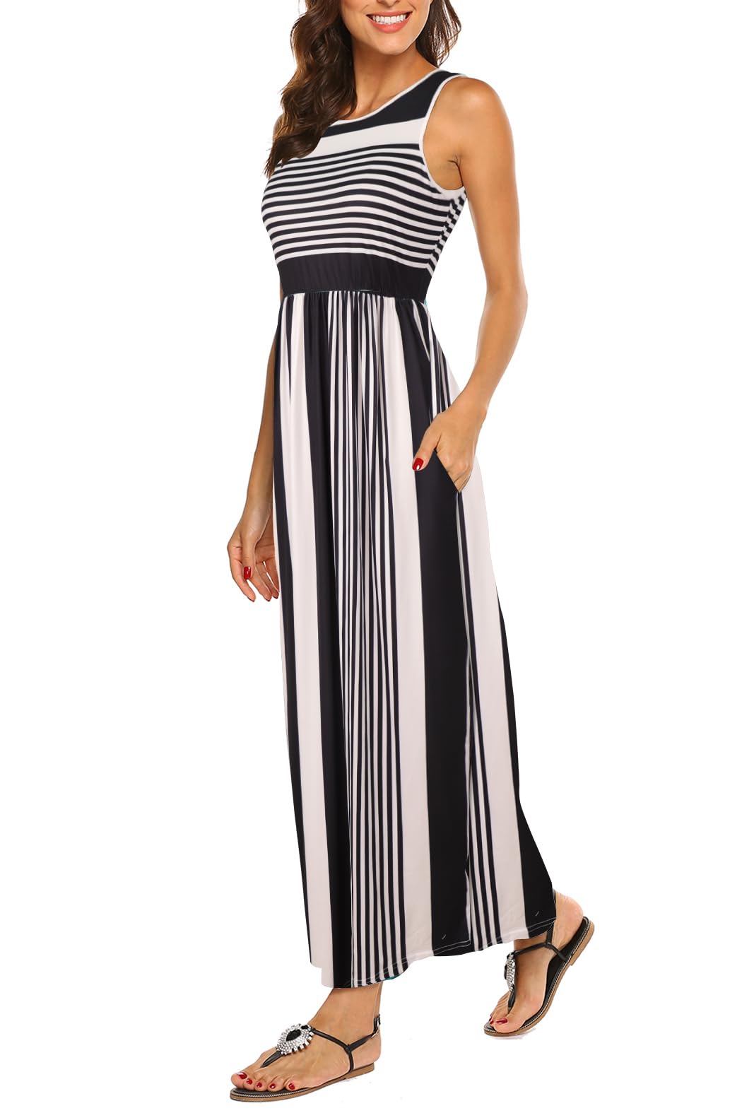 Hount Women's Summer Sleeveless Striped Flowy Casual Long Maxi Dress with Pockets