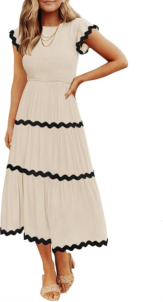 ZESICA Womens Summer Casual Smocked Flowy Midi Dress