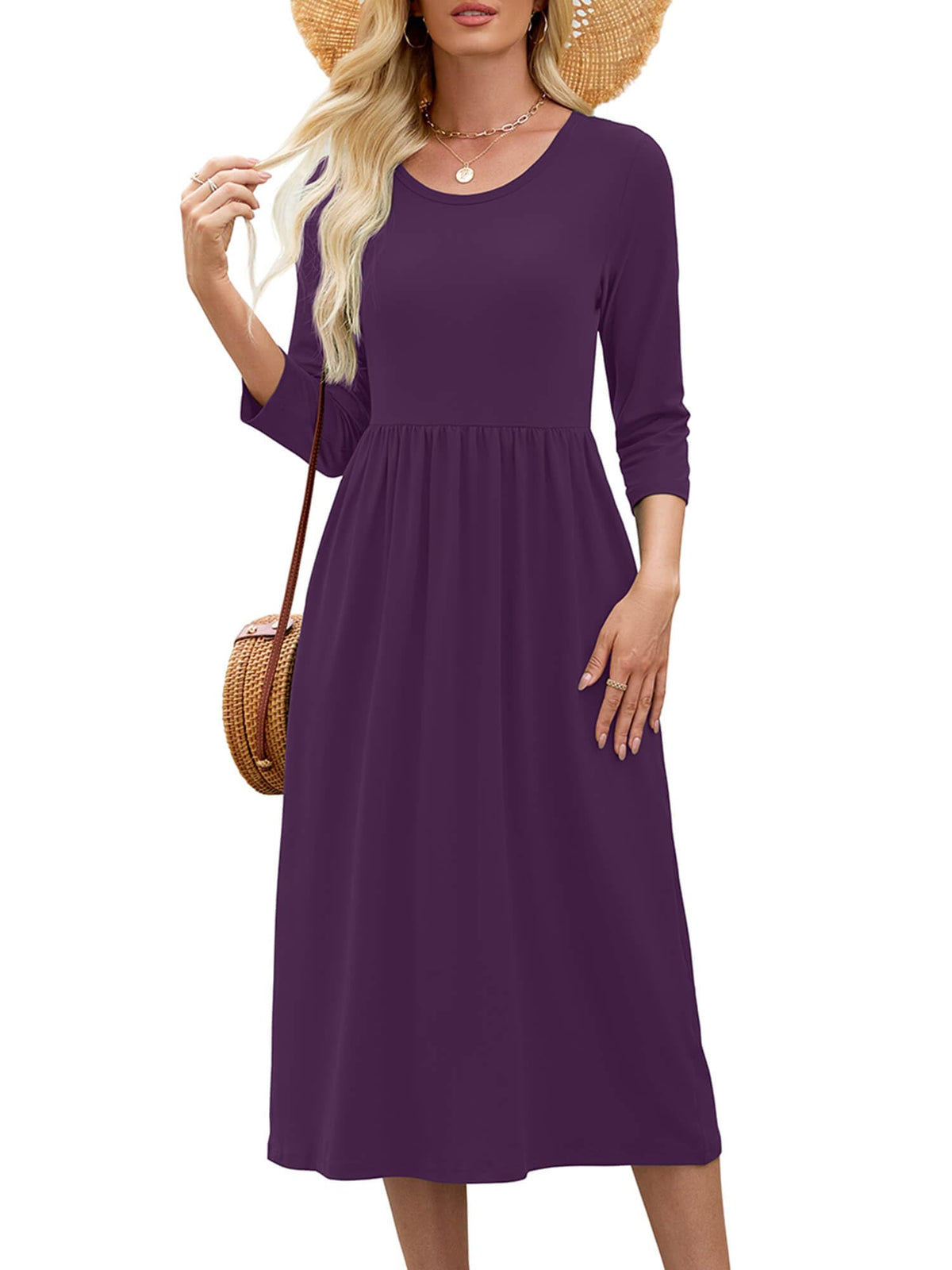 Heymoments Women's Casual 3/4 Sleeve Midi Dress with Pockets
