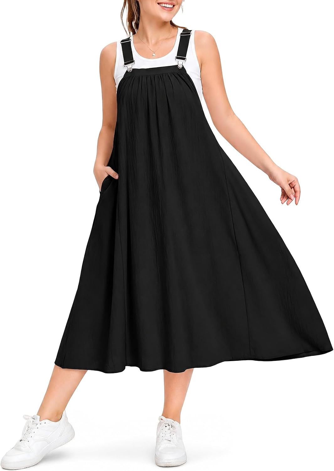 Moon Wood Cotton Overall Dress for Women Jumper Dress with Pockets Summer Casual Midi Dress
