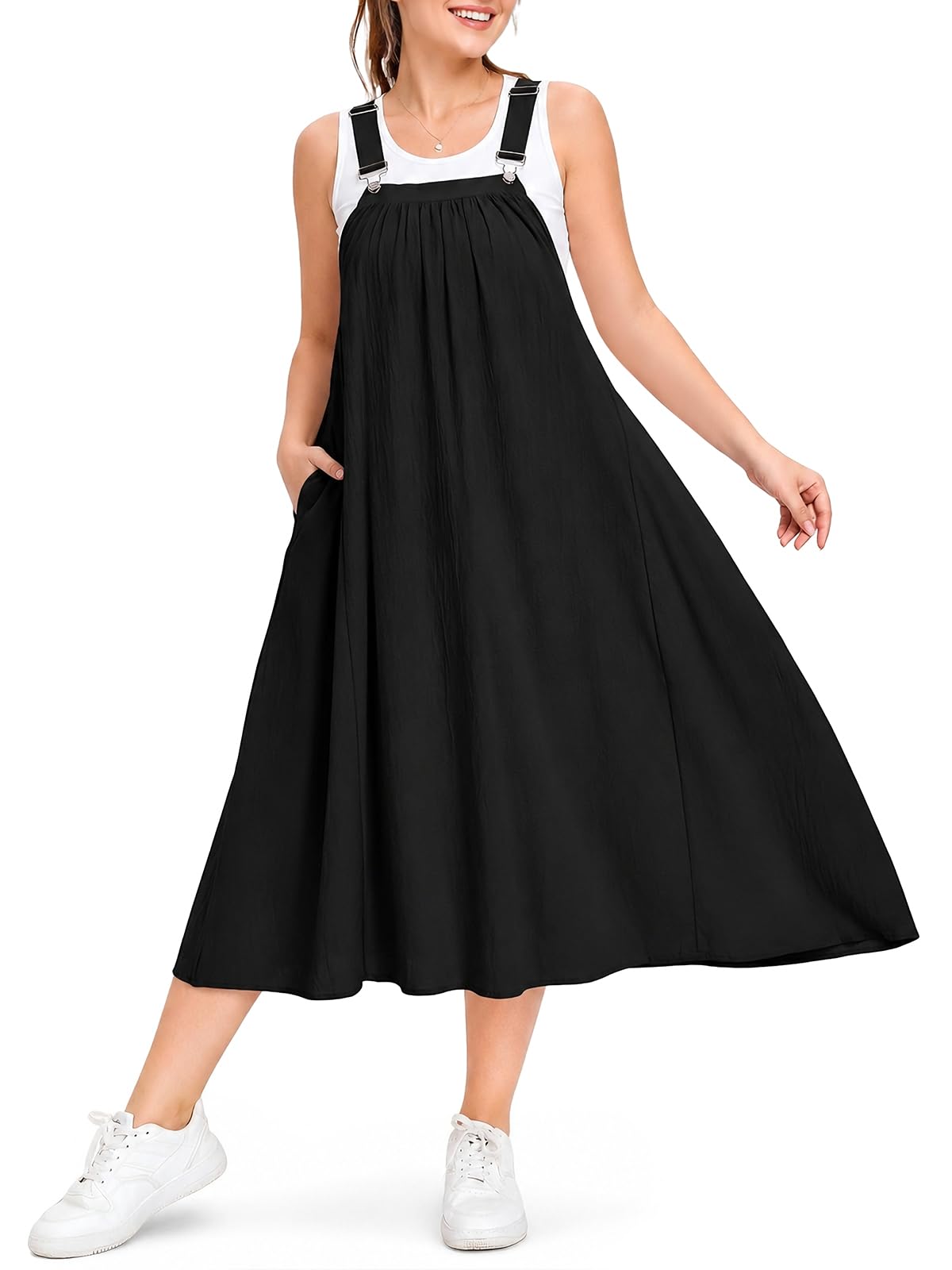 Moon Wood Cotton Overall Dress for Women Jumper Dress with Pockets Summer Casual Midi Dress